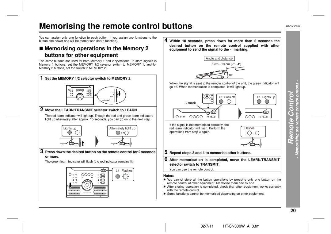 Sharp HT-CN300W operation manual Remote Control Memorising the remote control buttons 