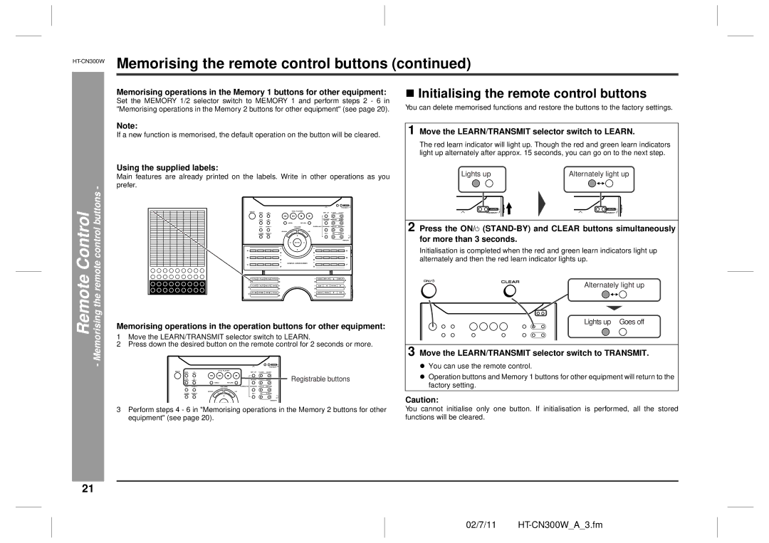 Sharp HT-CN300W operation manual „ Initialising the remote control buttons, Using the supplied labels 