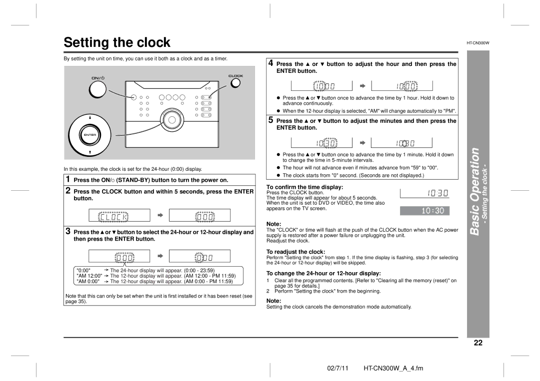 Sharp HT-CN300W operation manual Basic Operation Setting the clock, To confirm the time display, To readjust the clock 