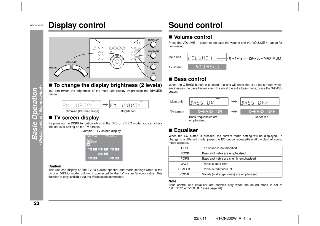 Sharp HT-CN300W operation manual Display control, Sound control 