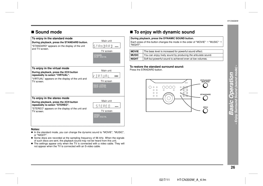 Sharp HT-CN300W operation manual „ Sound mode, „ To enjoy with dynamic sound 