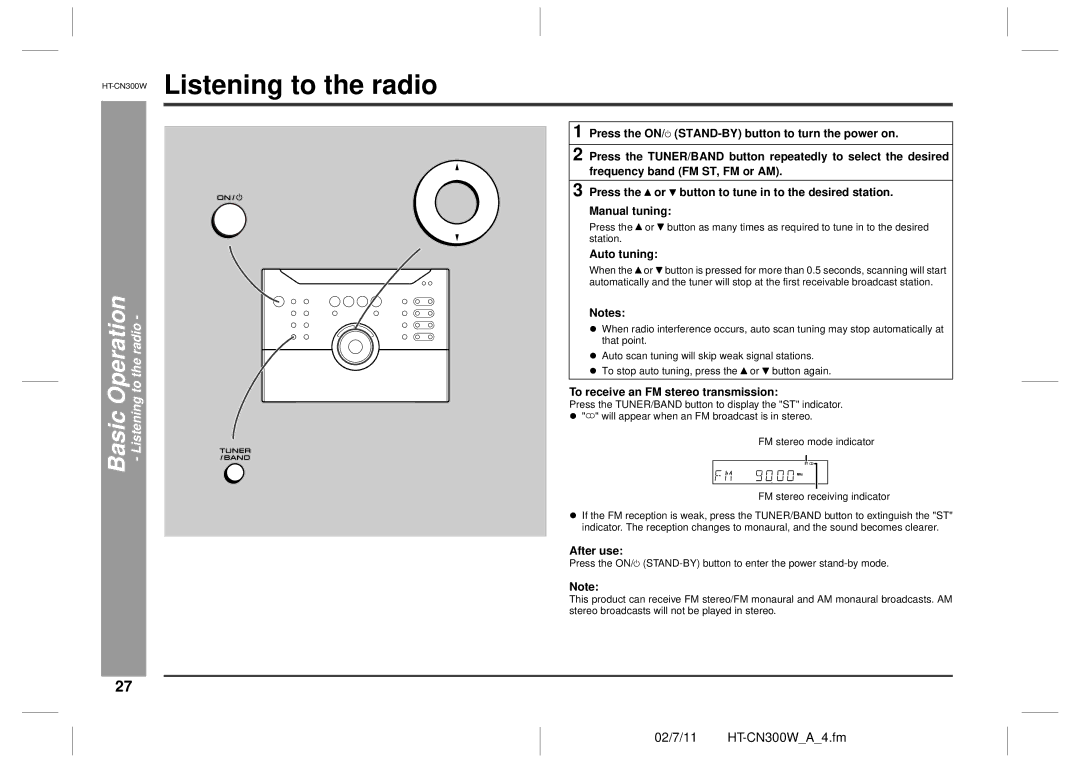 Sharp operation manual HT-CN300WListening to the radio, Basic Operation Listening to the radio, Auto tuning, After use 