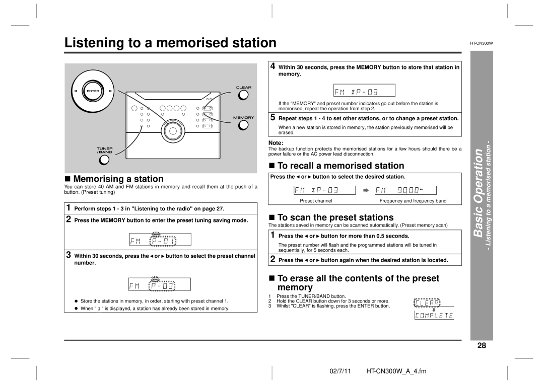 Sharp HT-CN300W operation manual Listening to a memorised station, „ Memorising a station, „ To recall a memorised station 