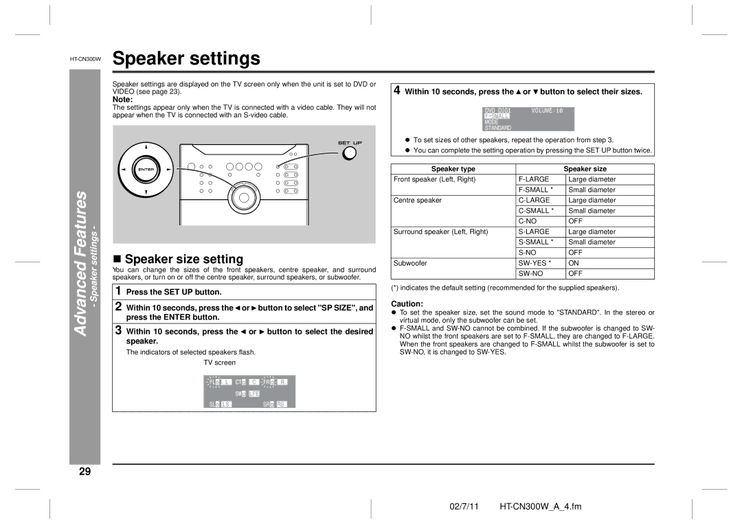 Sharp HT-CN300W operation manual Speaker settings, „ Speaker size setting, Speaker type Speaker size 