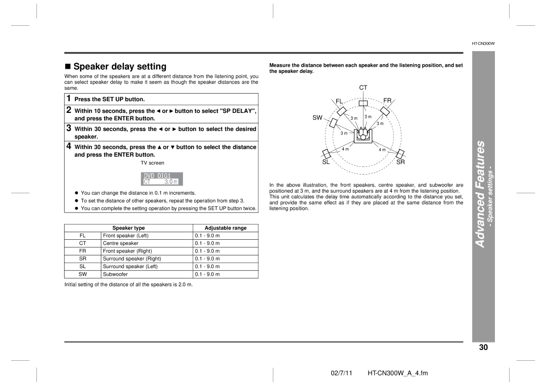 Sharp HT-CN300W operation manual „ Speaker delay setting, Speaker type Adjustable range 