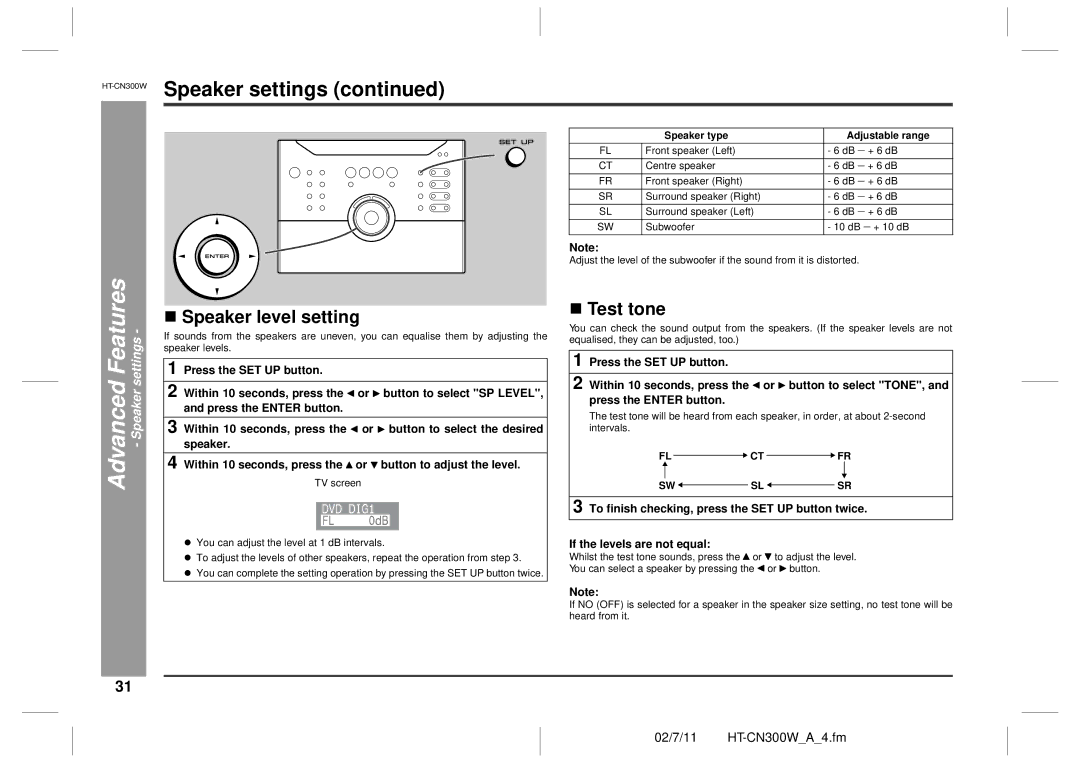 Sharp HT-CN300W operation manual „ Speaker level setting, „ Test tone, Fl Ct Fr Sw Sl Sr 