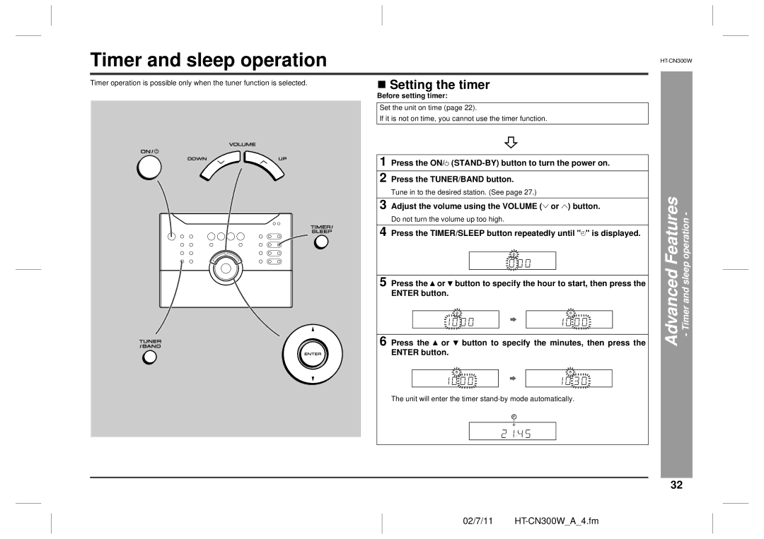 Sharp HT-CN300W operation manual „ Setting the timer, Advanced Features Timer and sleep operation 