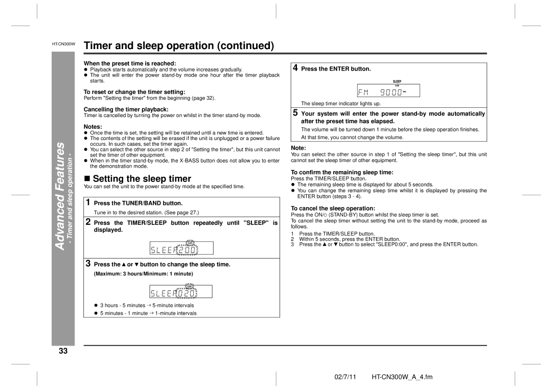 Sharp HT-CN300W operation manual „ Setting the sleep timer 