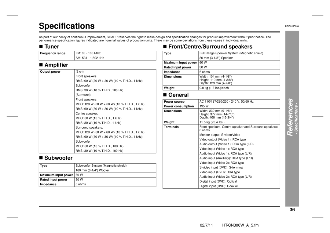 Sharp HT-CN300W operation manual Specifications, „ Amplifier, „ Subwoofer 