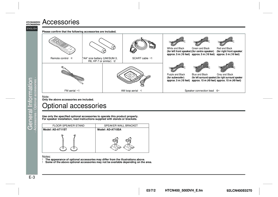 Sharp HT-CN400DVH Accessories, Optional accessories, FM aerial AM loop aerial, Floor Speaker Stand Speaker Wall Bracket 