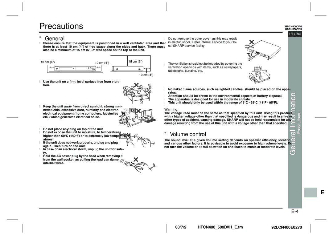 Sharp HT-CN400DVH operation manual Volume control, General Information Precautions 