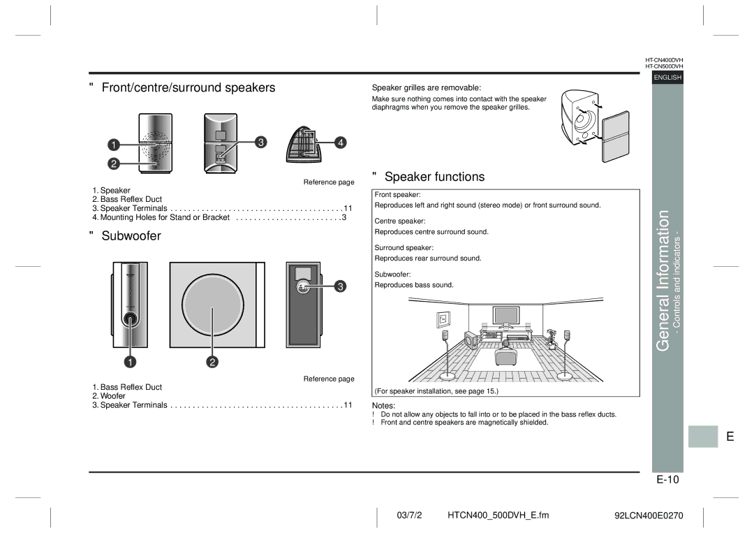 Sharp HT-CN400DVH operation manual Front/centre/surround speakers, Subwoofer, Speaker functions 