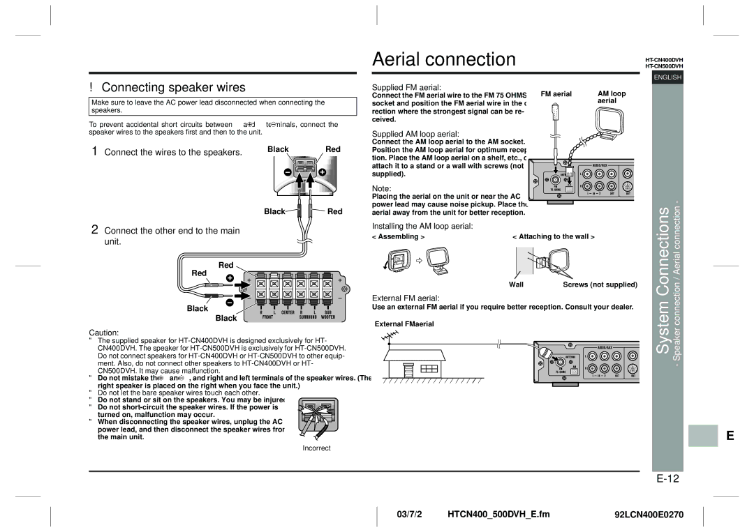 Sharp HT-CN400DVH operation manual Connecting speaker wires, System Connections Speaker connection / Aerial connection 