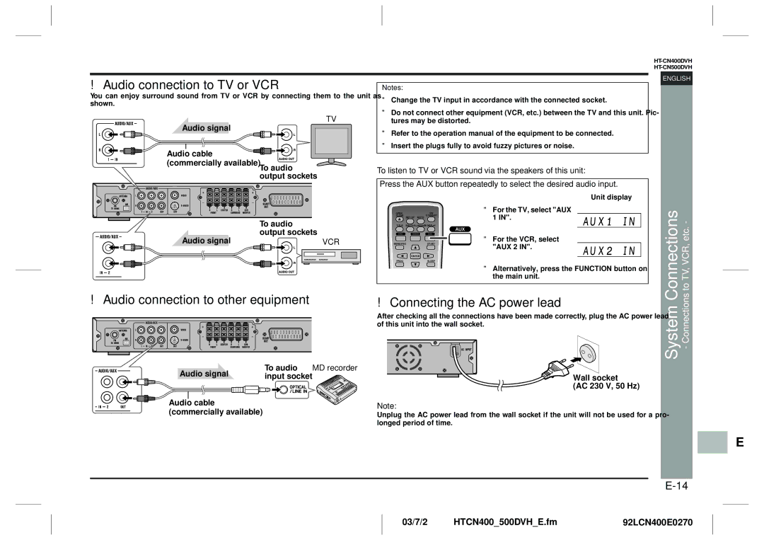 Sharp HT-CN400DVH Audio connection to TV or VCR, Audio connection to other equipment, Connecting the AC power lead 