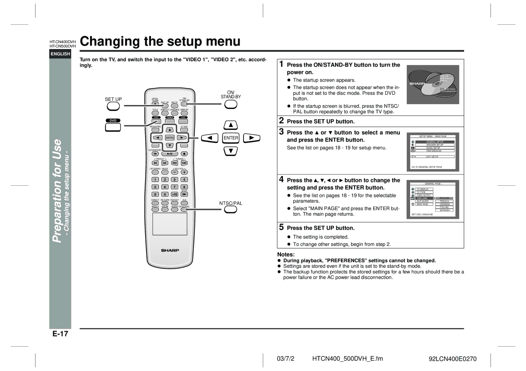 Sharp HT-CN400DVH operation manual Changing the setup menu, For Use menu 