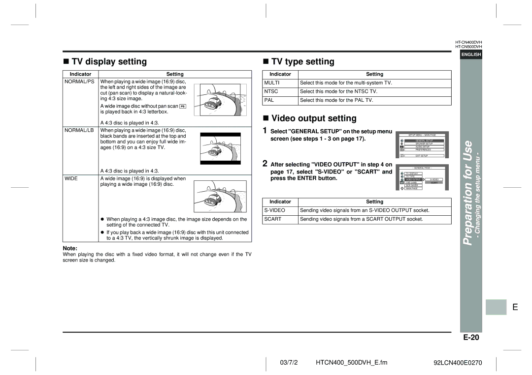 Sharp HT-CN400DVH TV display setting, TV type setting, Video output setting, For Use the setup menu, Preparation Changing 