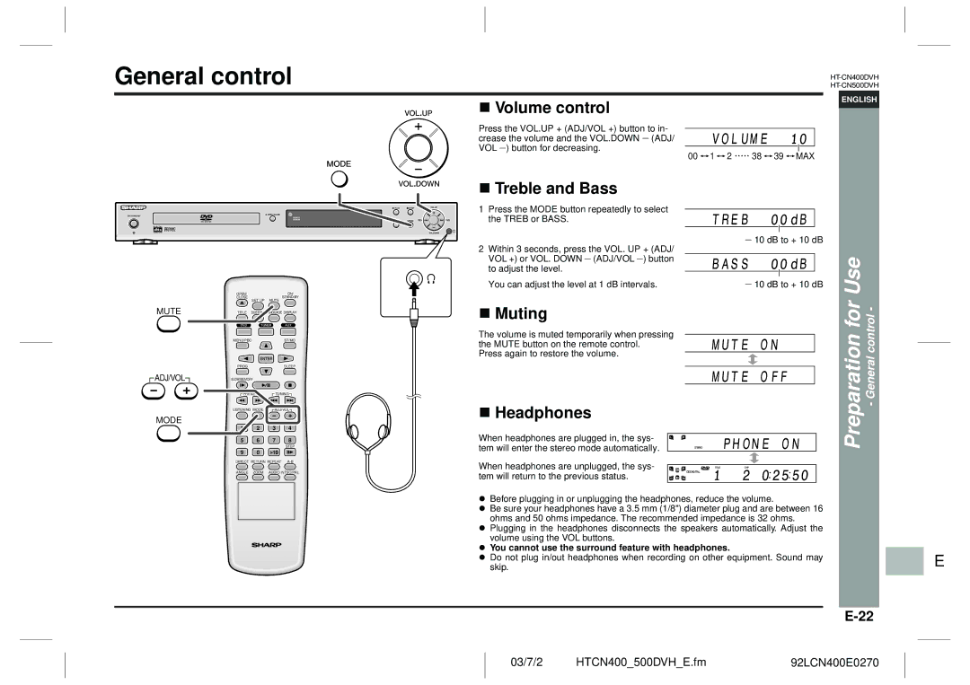 Sharp HT-CN400DVH operation manual Treble and Bass, Muting, Headphones, Preparation for Use General control 