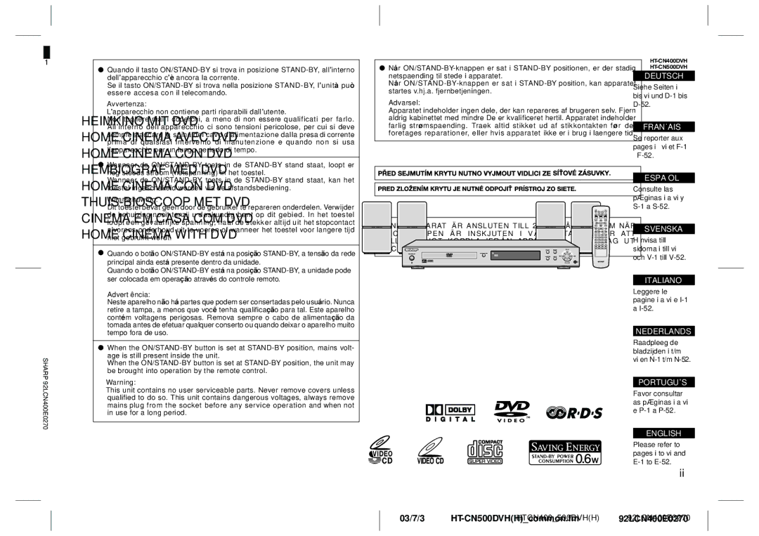 Sharp HT-CN400DVH operation manual Avvertenza, Waarschuwing, Advertê ncia 