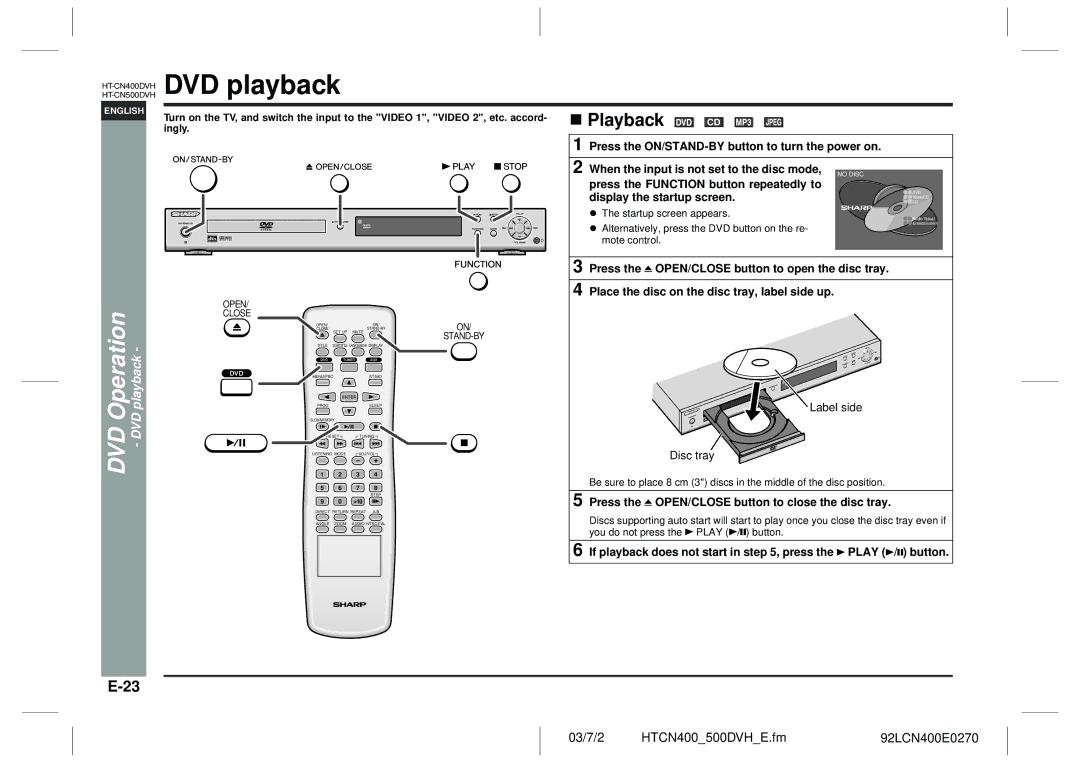 Sharp HT-CN400DVH DVD Operation DVD playback, Press the OPEN/CLOSE button to close the disc tray, Ingly 