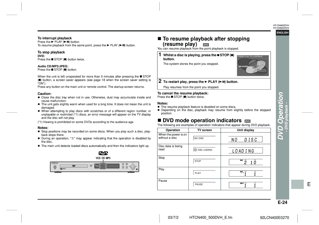 Sharp HT-CN400DVH To resume playback after stopping Resume play, DVD mode operation indicators, PlaybackDVD 