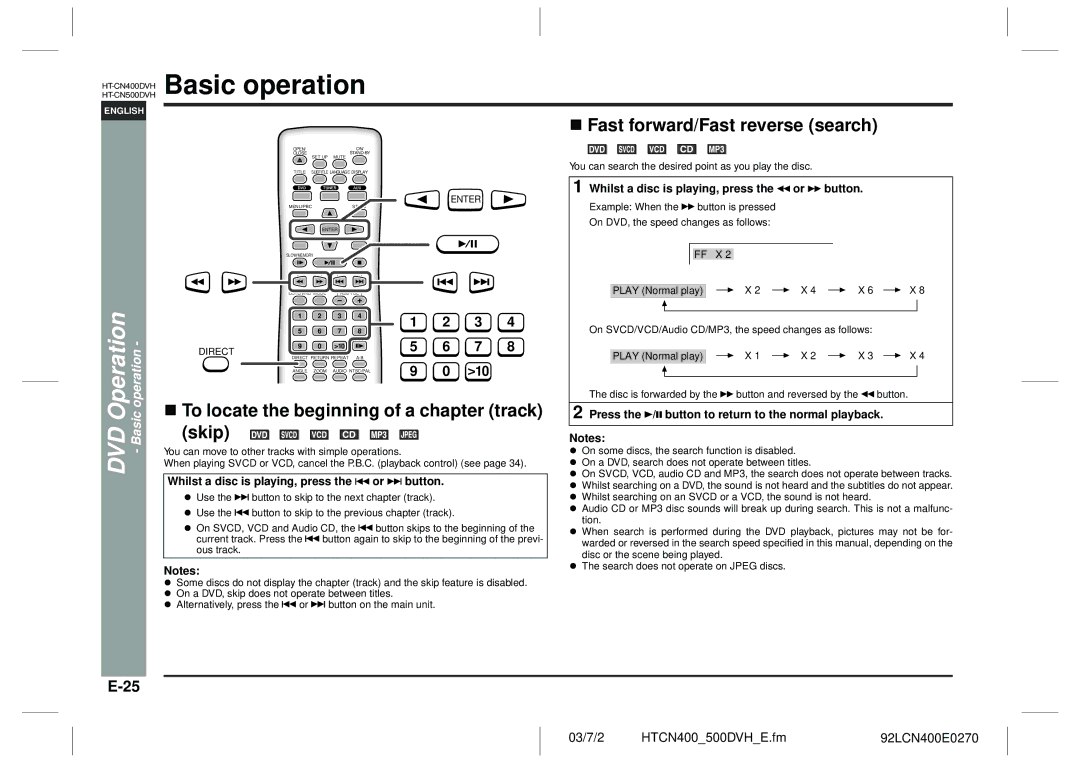 Sharp HT-CN400DVH Basic operation, To locate the beginning of a chapter track Skip, Fast forward/Fast reverse search 