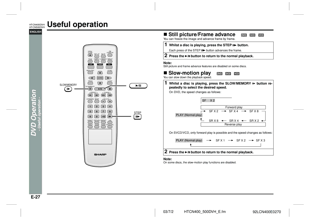 Sharp HT-CN400DVH operation manual Still picture/Frame advance, Slow-motion play, DVD Operation Useful operation 