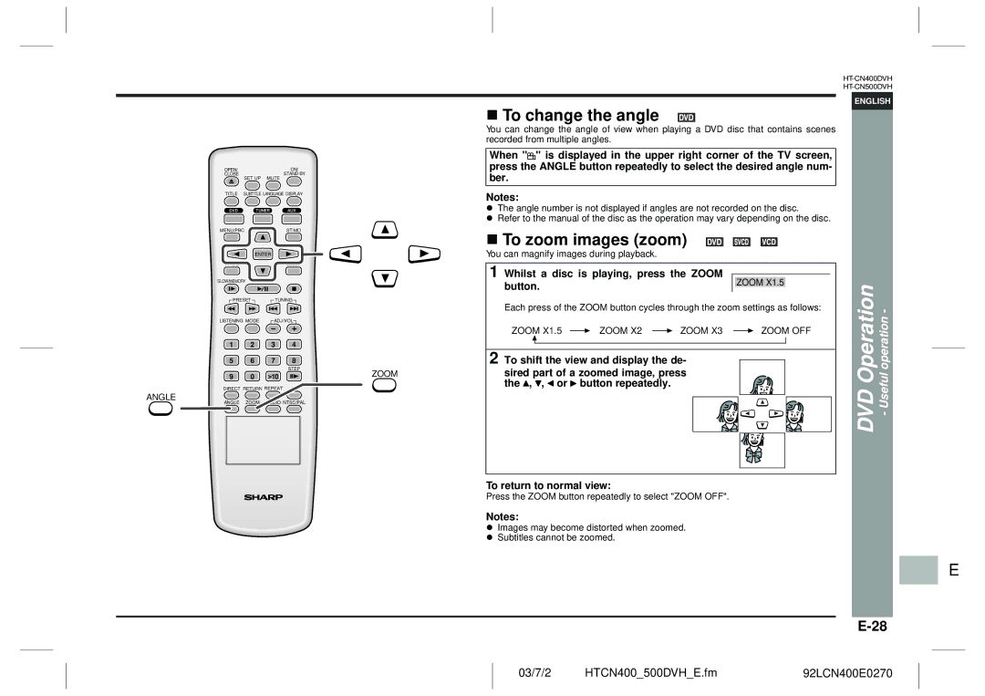 Sharp HT-CN400DVH To change the angle, To zoom images zoom, Whilst a disc is playing, press the Zoom Button 