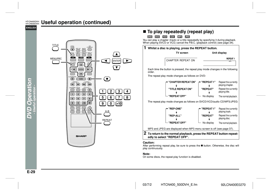 Sharp HT-CN400DVH To play repeatedly repeat play, Whilst a disc is playing, press the Repeat button, Chapter Repeat on 