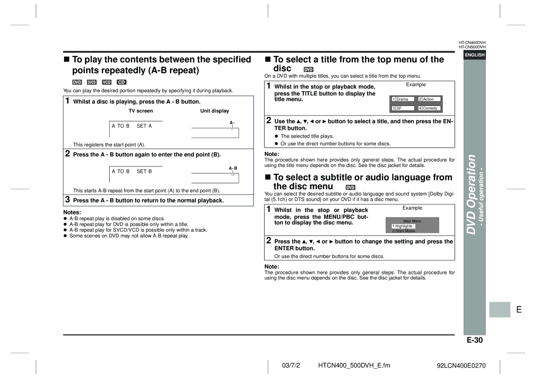 Sharp HT-CN400DVH operation manual To select a title from the top menu Disc, Disc menu 