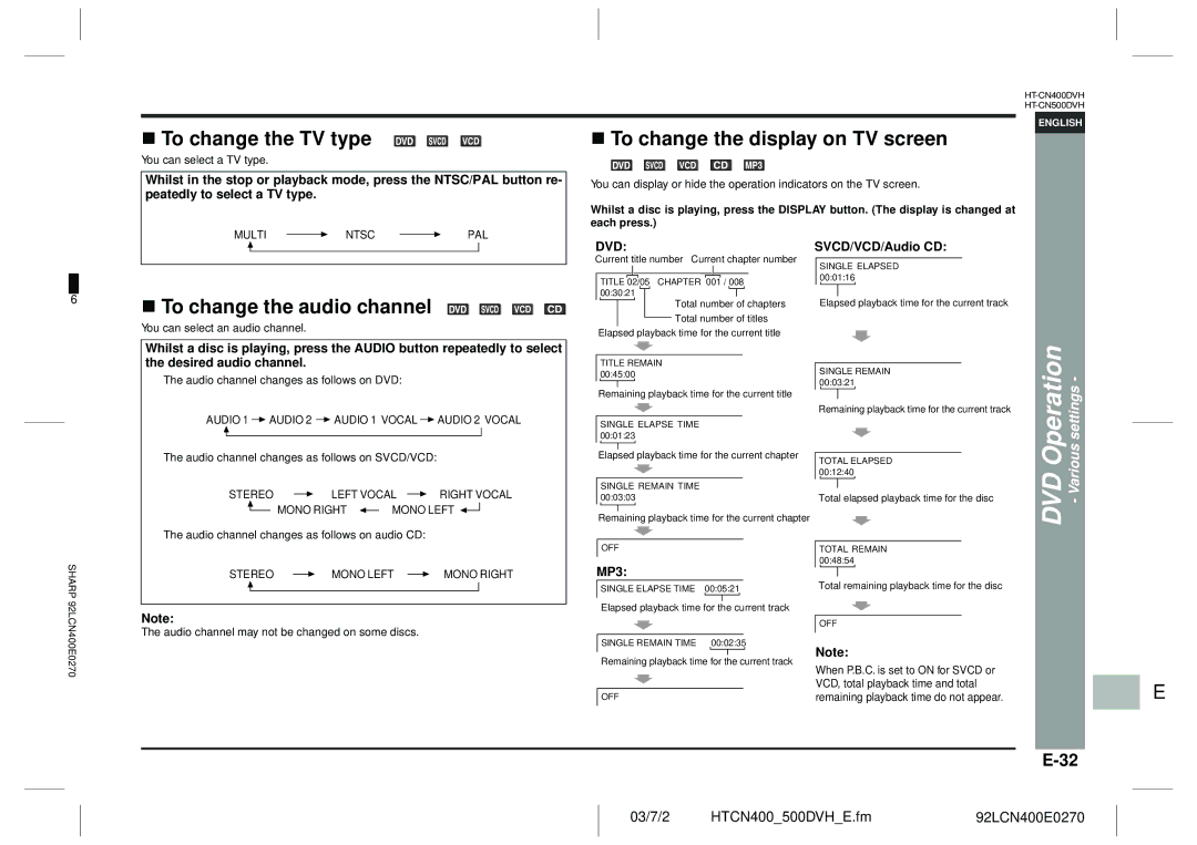 Sharp HT-CN400DVH To change the TV type, To change the display on TV screen, To change the audio channel, DVD Various 