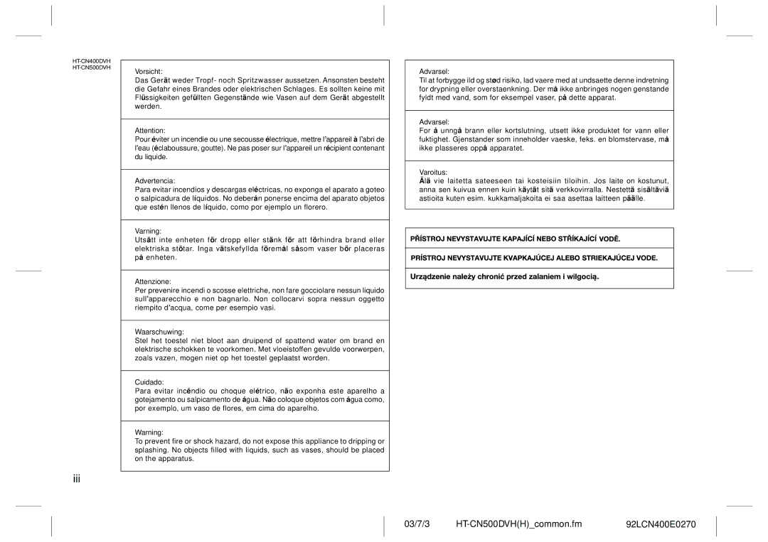 Sharp HT-CN400DVH operation manual Vorsicht, Attenzione, Cuidado, Varoitus 