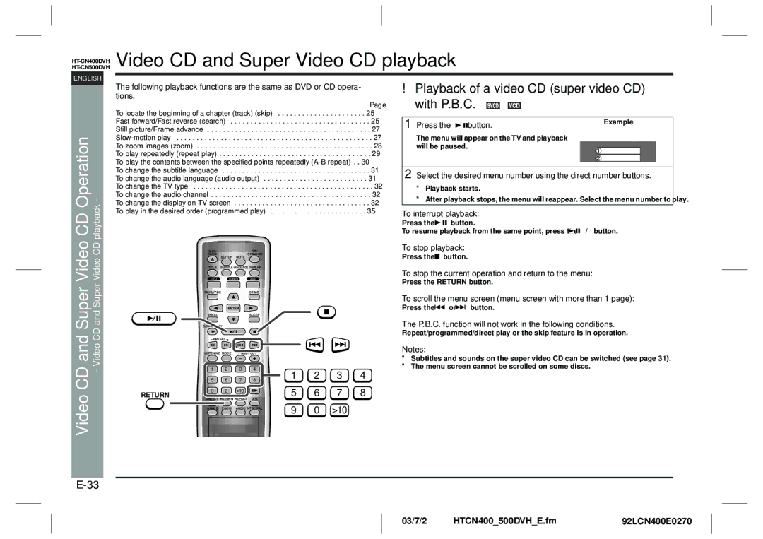 Sharp HT-CN400DVH operation manual Video CD and Super Video CD playback, Video CD Operation 