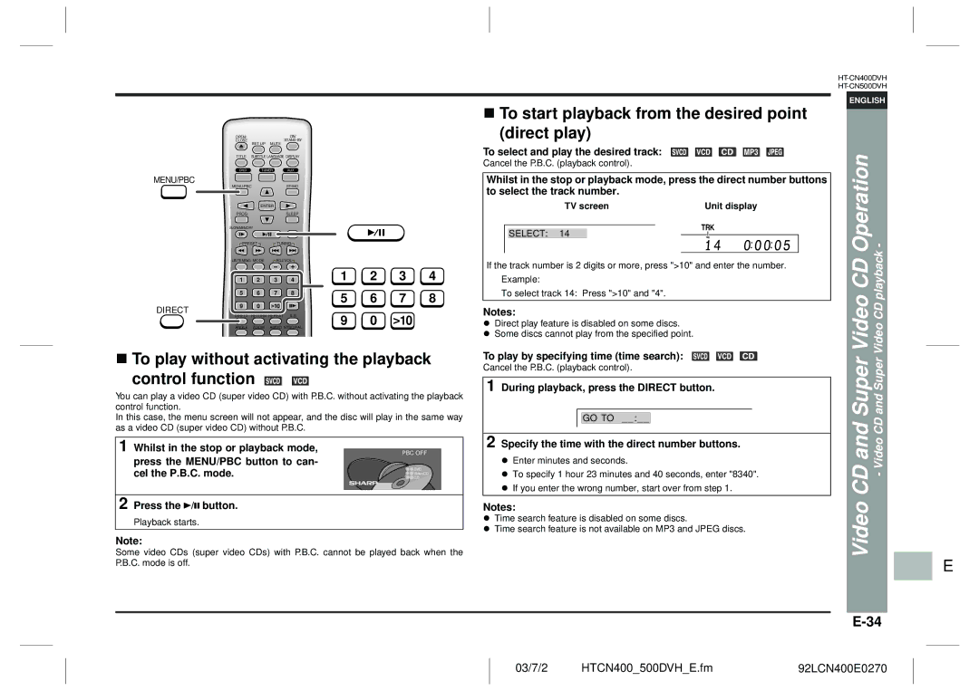 Sharp HT-CN400DVH To start playback from the desired point, To play without activating the playback Control function 