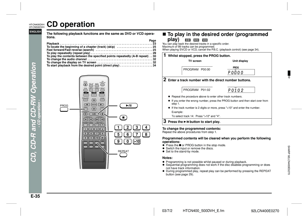 Sharp HT-CN400DVH operation manual CD operation, To play in the desired order programmed Play, RWOperation 