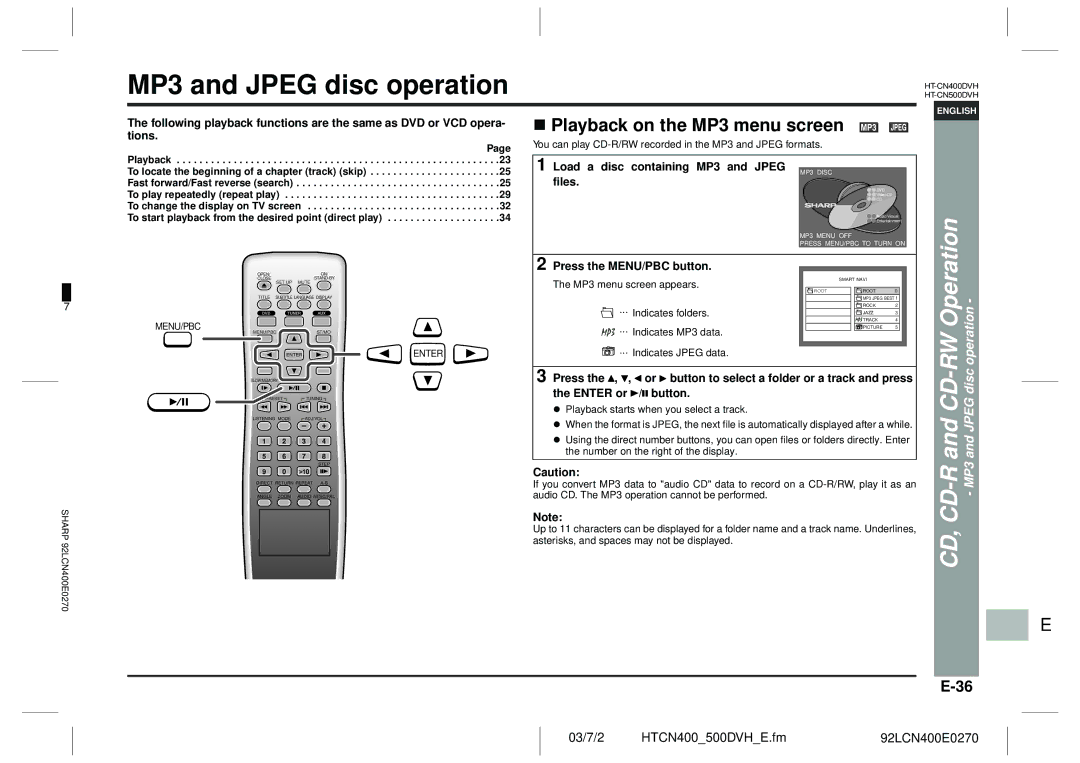 Sharp HT-CN400DVH MP3 and Jpeg disc operation, Playback on the MP3 menu screen, CD-R MP3, Press the MENU/PBC button 