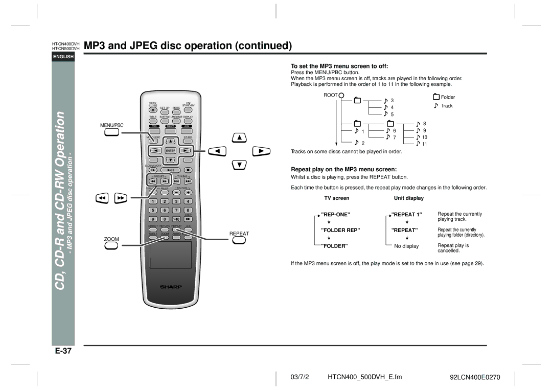 Sharp HT-CN400DVH operation manual Operation, RWdisc operation, Jpeg, To set the MP3 menu screen to off 