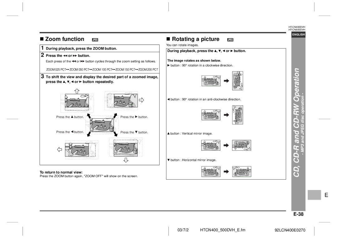 Sharp HT-CN400DVH operation manual CD-RW Operation, Zoom function, Rotating a picture, Jpeg disc operation 