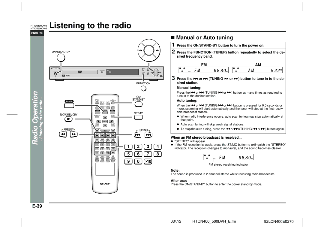 Sharp HT-CN400DVH operation manual Manual or Auto tuning, Radio Operation Listening to the radio 