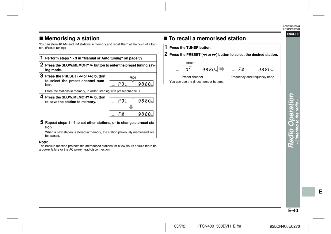 Sharp HT-CN400DVH operation manual Memorising a station, To recall a memorised station 