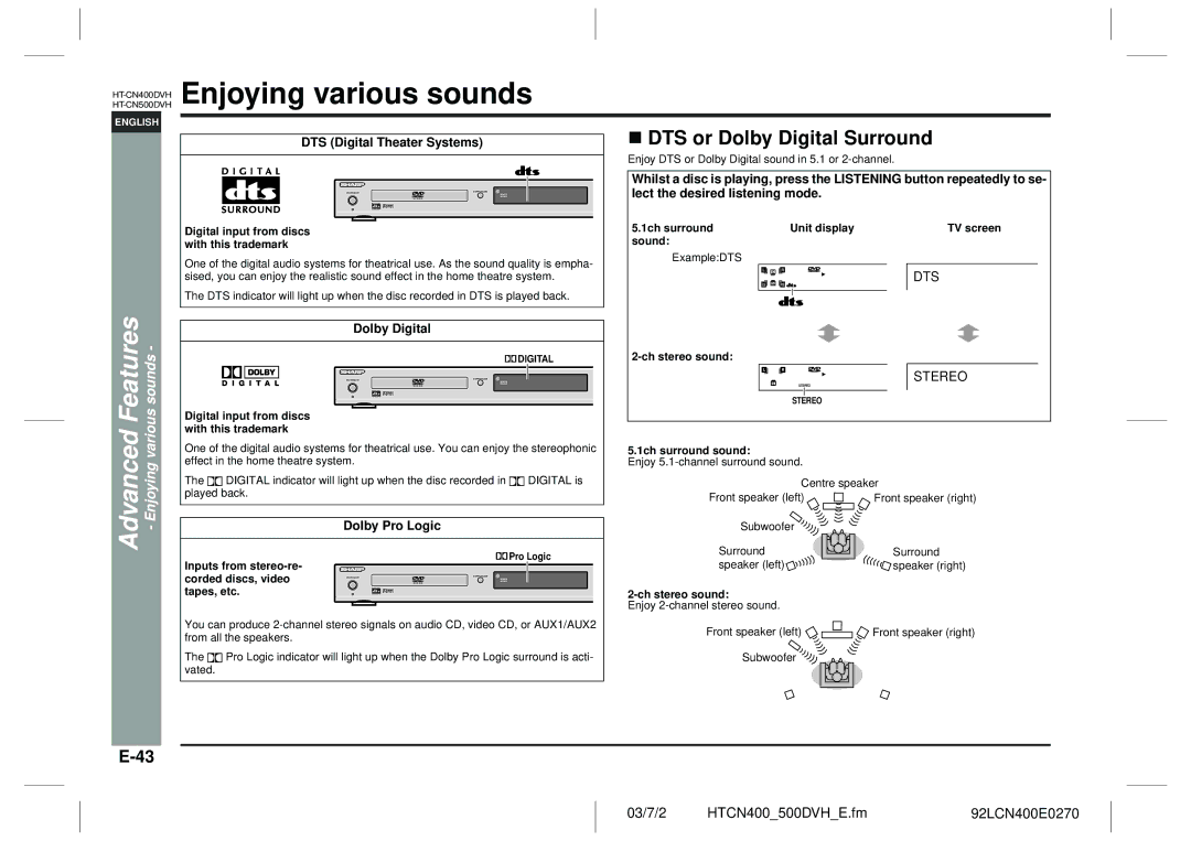 Sharp HT-CN400DVH operation manual Enjoying various sounds, Advanced Features, DTS or Dolby Digital Surround 