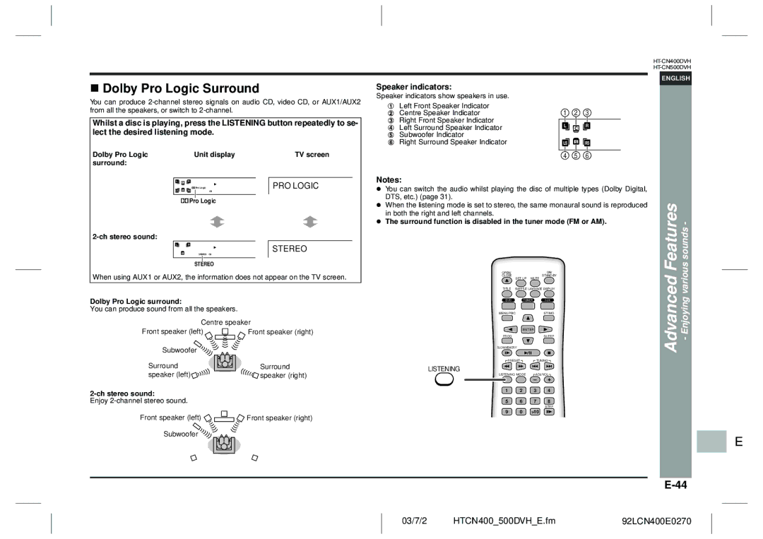 Sharp HT-CN400DVH operation manual Dolby Pro Logic Surround, Dolby Pro Logic surround Unit display 