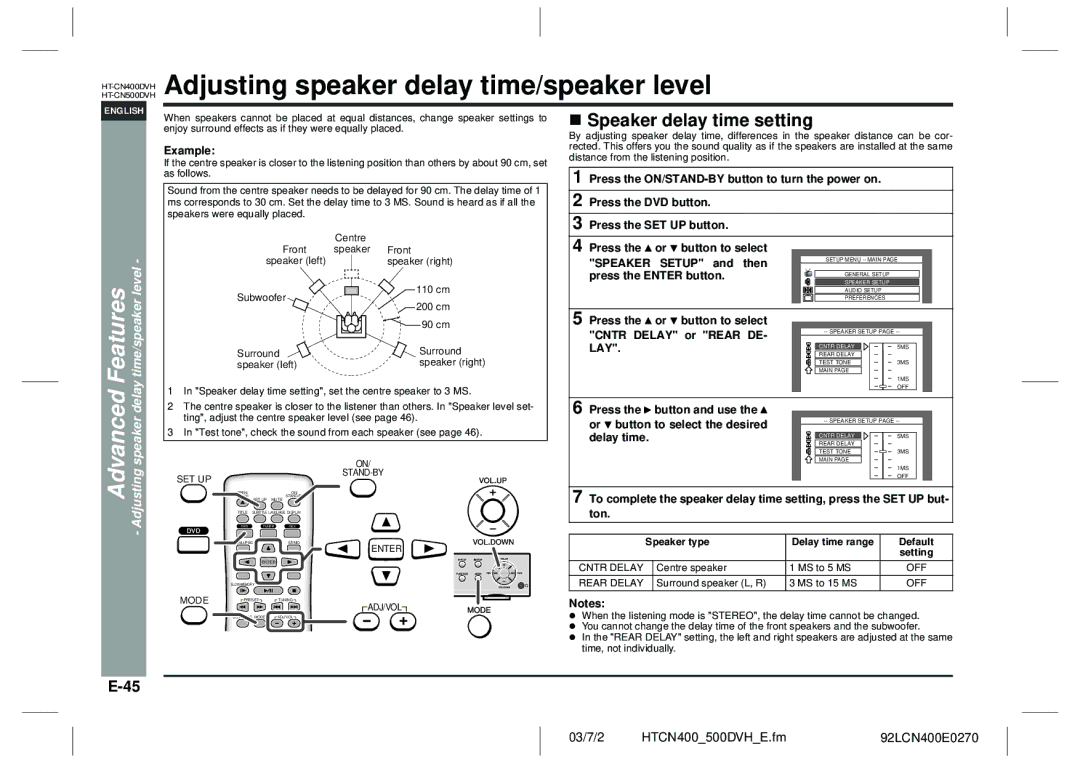 Sharp HT-CN400DVH operation manual Adjusting speaker delay time/speaker level, Advanced, Speaker delay time setting 