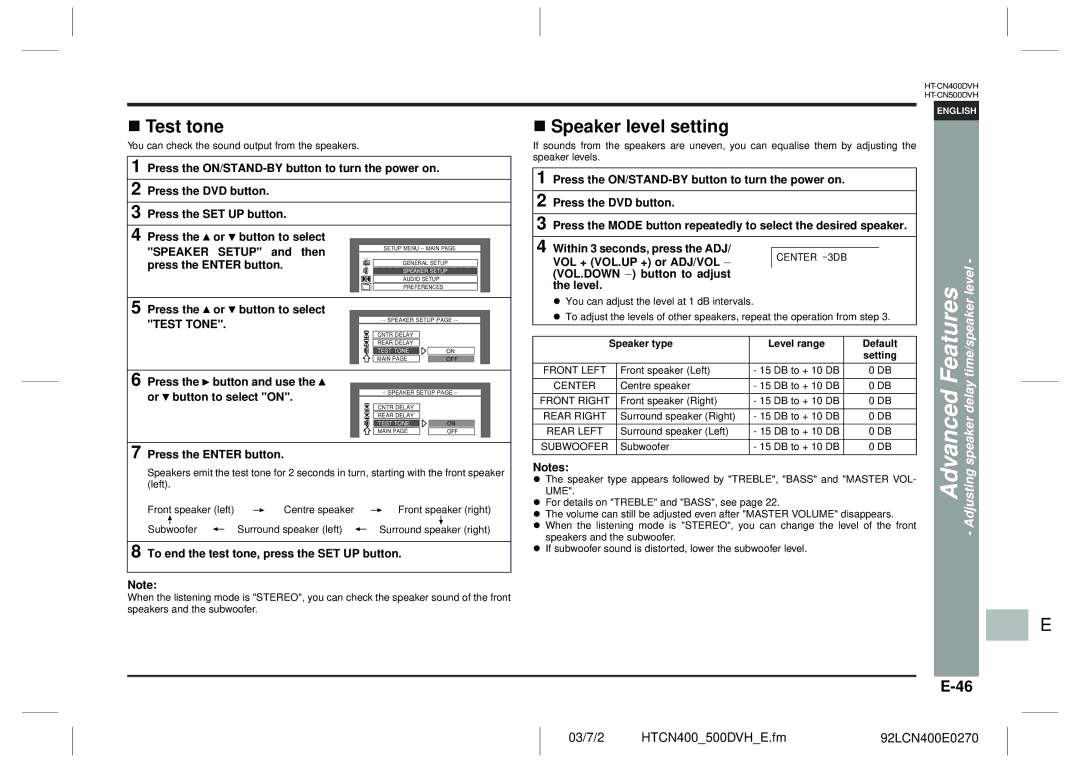 Sharp HT-CN400DVH operation manual Test tone, Speaker level setting, Adjusting speaker delay time/speaker level 