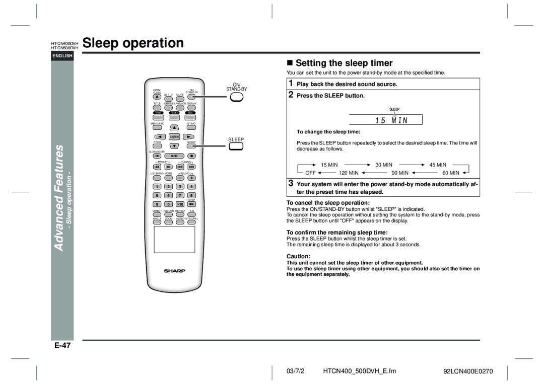 Sharp HT-CN400DVH Sleep operation, Setting the sleep timer, Play back the desired sound source Press the Sleep button 