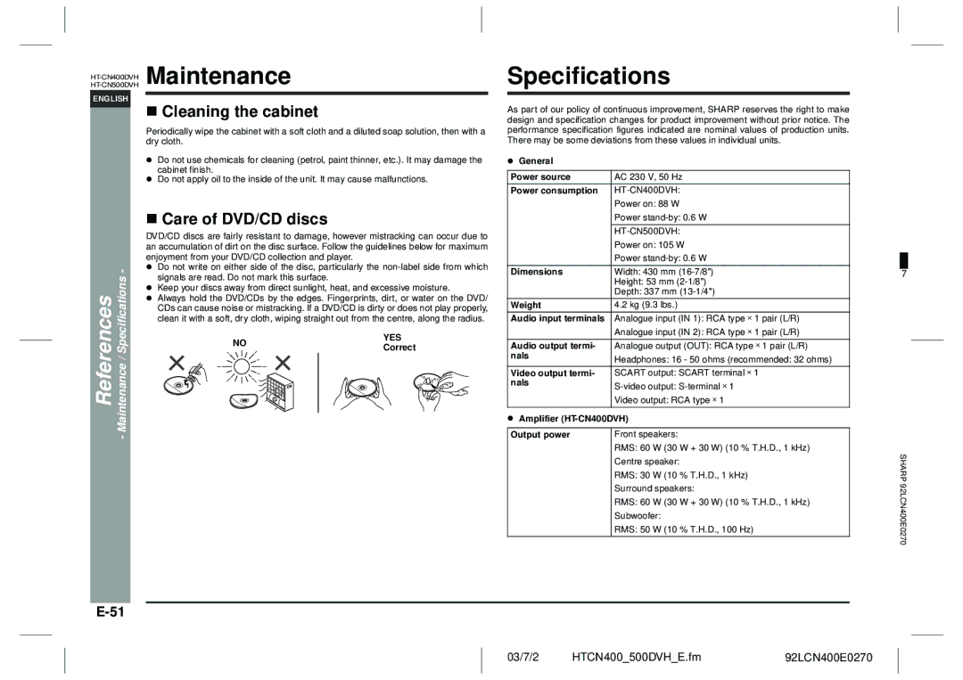 Sharp HT-CN400DVH operation manual Cleaning the cabinet, Care of DVD/CD discs, Maintenance / Specifications 