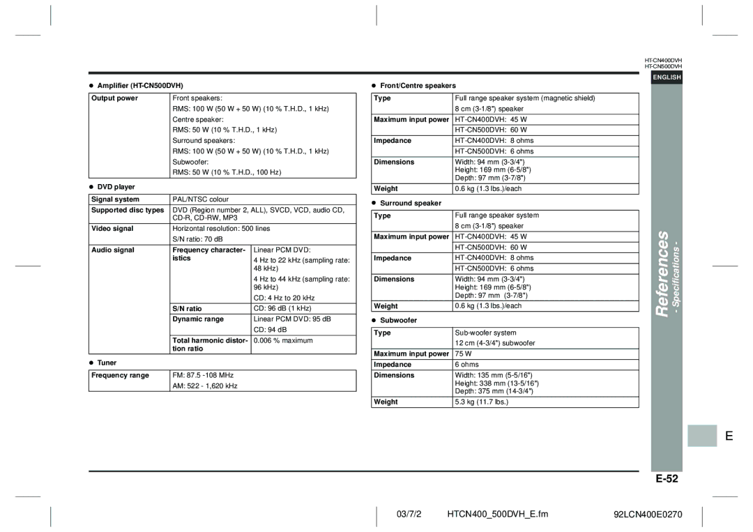 Sharp HT-CN400DVH operation manual Specifications 