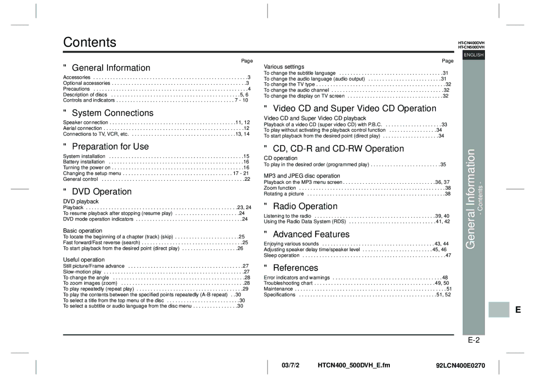 Sharp HT-CN400DVH operation manual Contents 