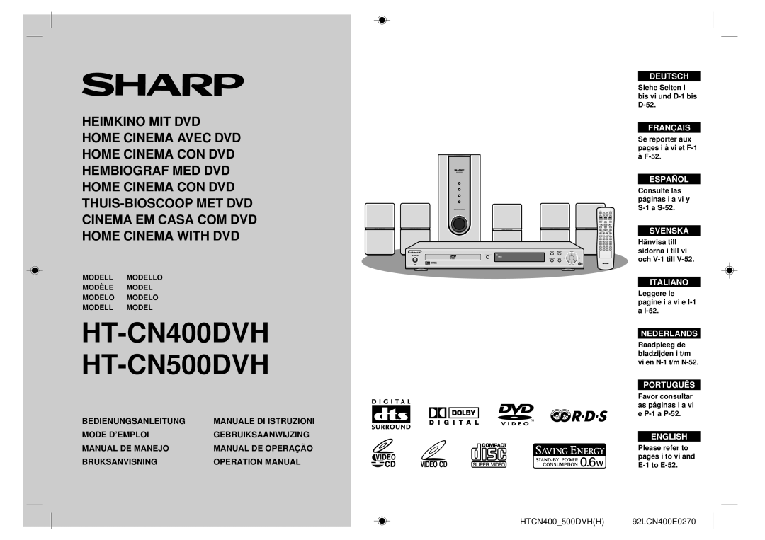 Sharp HT-CN400DVH operation manual Deutsch, Français, Español, Svenska, Bedienungsanleitung, Manuale Di Istruzioni 