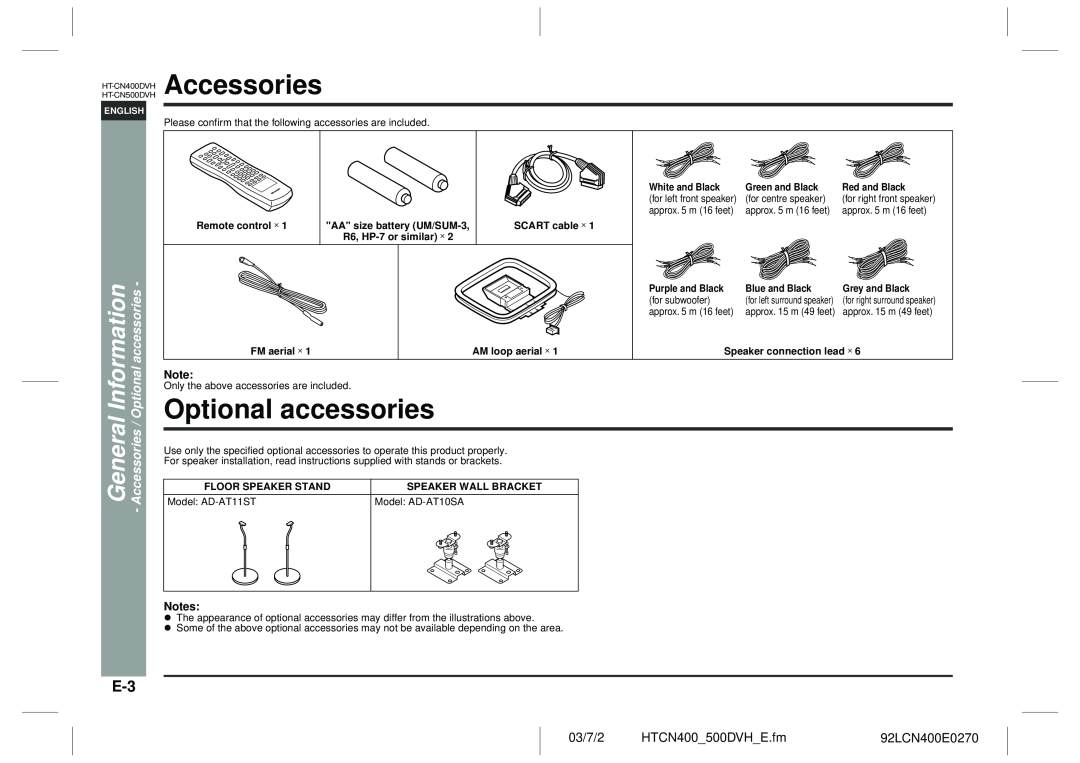 Sharp HT-CN400DVH operation manual Accessories, Optional accessories, 03/7/2, HTCN400 500DVH E.fm, 92LCN400E0270 