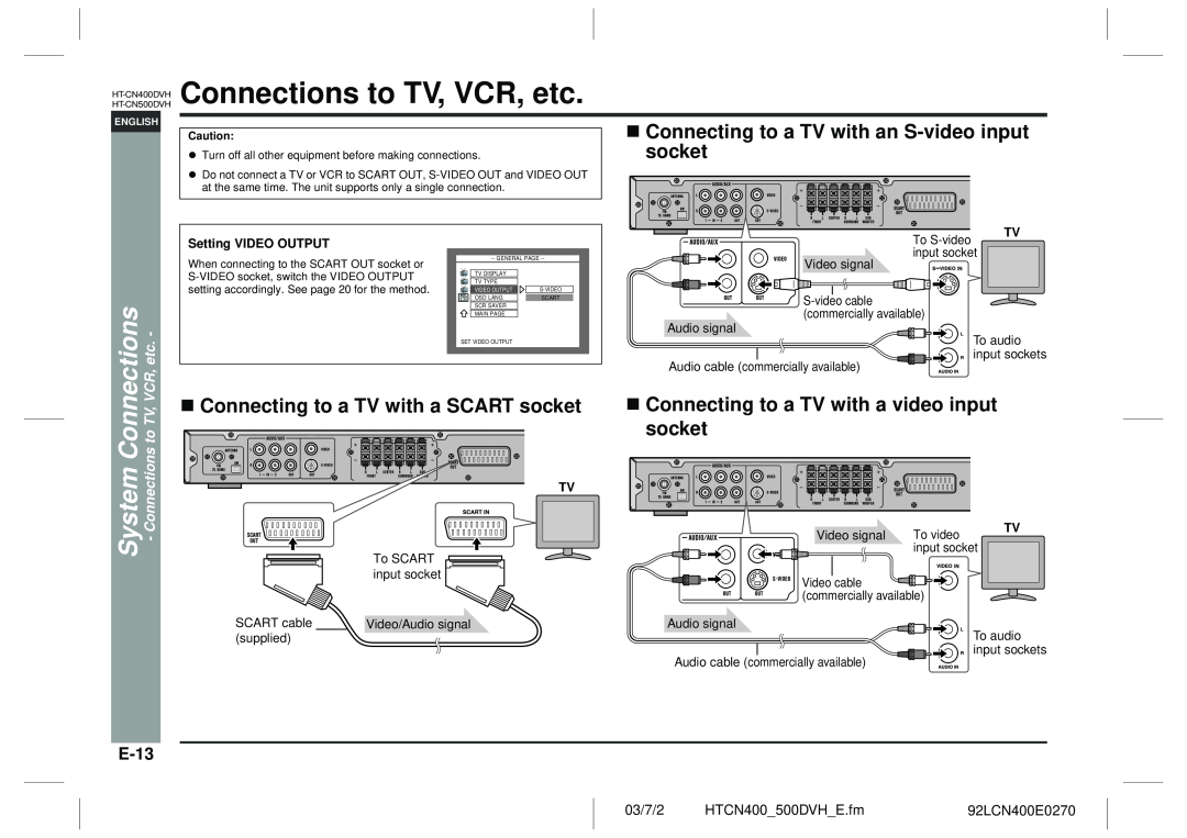 Sharp HT-CN400DVH Connections to TV, VCR, etc, Connecting to a TV with an S-videoinput socket, E-13, Setting VIDEO OUTPUT 